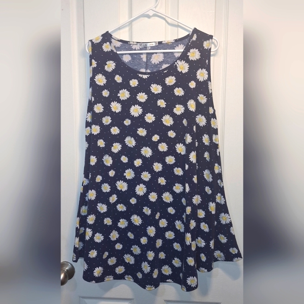 Floral Blue Tunic Top Daisy Print Sleeveless 1X